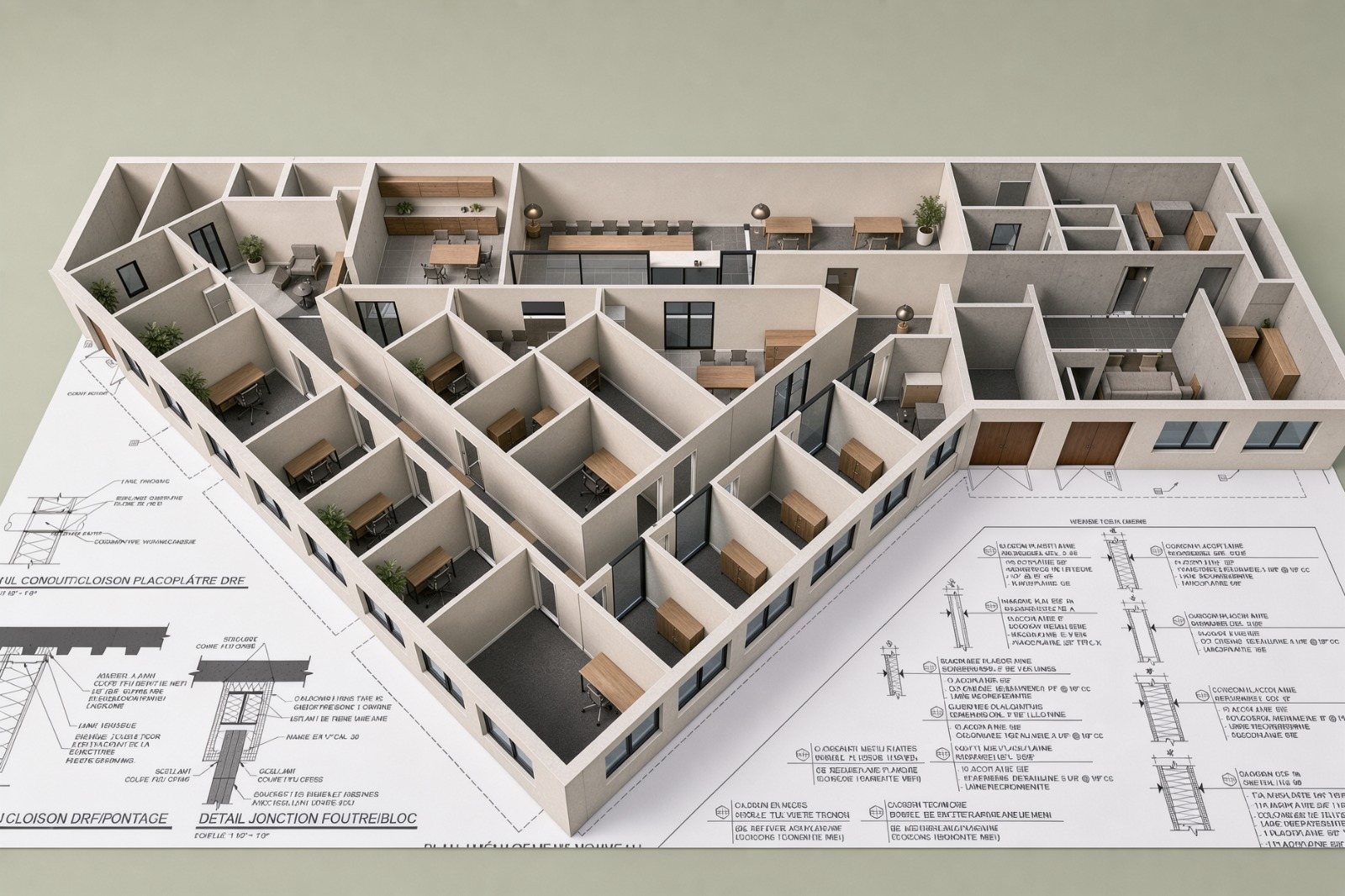 Maquette d'un étage de bureaux posée sur son plan, vue en plongée, produite par Imagination